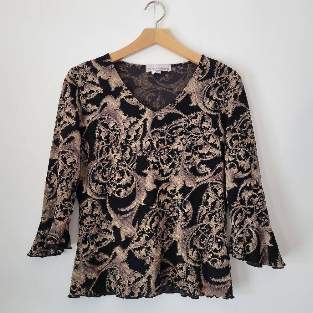 Dressbarn Sheer Top Black Gold Baroque Print Made USA Medium